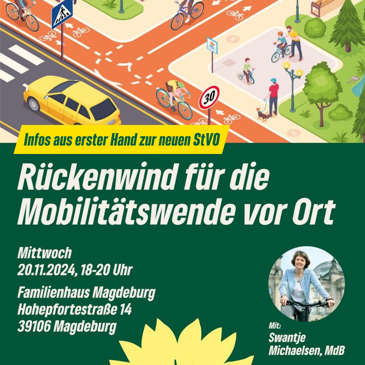 GRÜNE Magdeburg (@gruene_md) on Twitter photo Heute gibt es Infos aus erster Hand zur neuen Straßenverkehrsordnung!
<a href="/SwantjeMichael1/">Swantje Michaelsen</a> erläutert die neuen kommunalen Spielräumen für mehr Zebrastreifen, Tempo 30 & Radverkehr. Gemeinsam mit euch wollen wir konkrete Ansatzpunkte in Magdeburg diskutieren.
gruene-magdeburg.de/start/titelsei… Heute gibt es Infos aus erster Hand zur neuen Straßenverkehrsordnung!
<a href="/SwantjeMichael1/">Swantje Michaelsen</a> erläutert die neuen kommunalen Spielräumen für mehr Zebrastreifen, Tempo 30 & Radverkehr. Gemeinsam mit euch wollen wir konkrete Ansatzpunkte in Magdeburg diskutieren.
gruene-magdeburg.de/start/titelsei…