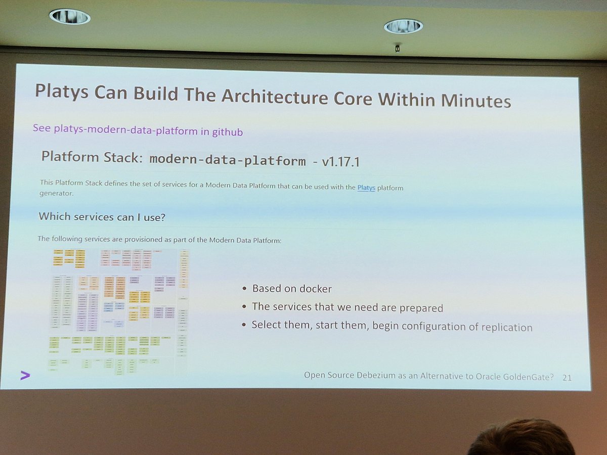 After a comparison of #Oracle #GoldenGate and #Debezium, <a href="/MathiasZarick/">Mathias Zarick</a> <a href="/Accenture/">Accenture</a>  demoed the replication of #OracleDB to #PostgreSQL based on #Platys (ModernDataPlatform) at   #DOAG2024