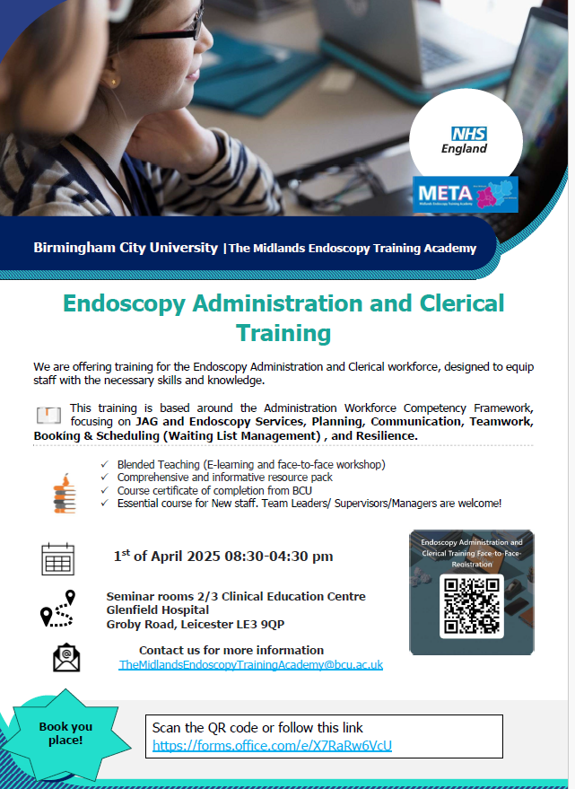 endoscopy_META's tweet photo. New face-to-face Admin &amp; Clerical course 1st April 2025.  Register your interest with TheMidlandsEndoscopyTrainingAcademy@bcu.ac.uk https://t.co/n9XcnMIJBU