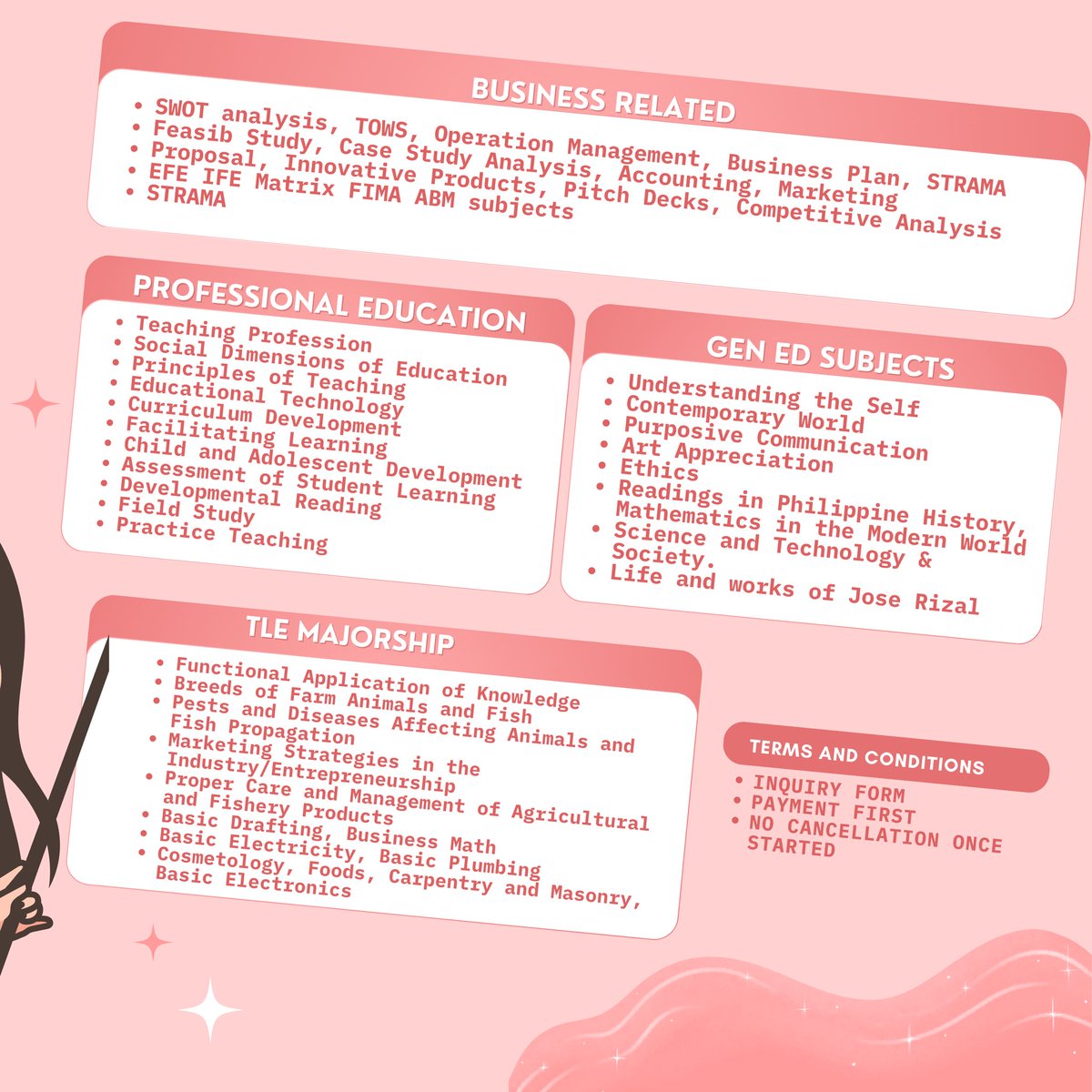 acadserviceforu's tweet image. for educ courses, teaching profession social dimensions of education principles of teaching educational technogy curriculum development facilitating learner centered child and adolescent assessment field study practice teaching / this is our forte!

— dm @acadserviceforu