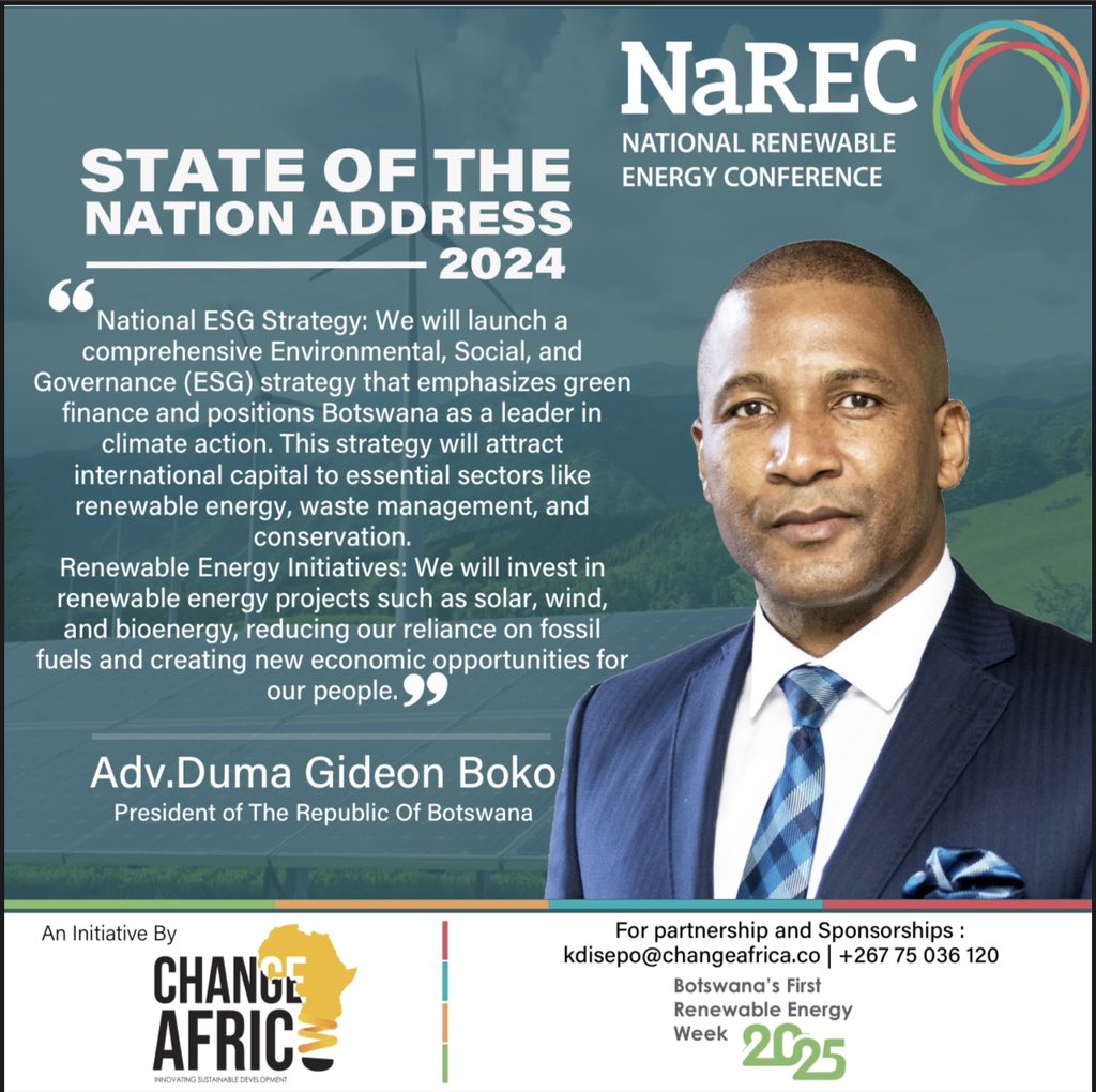 Botswana’s First Renewable Energy Week: Powering a Sustainable Future!

Join us in shaping Botswana’s green energy landscape! This transformative week will highlight innovations, partnerships, and opportunities in renewable energy.