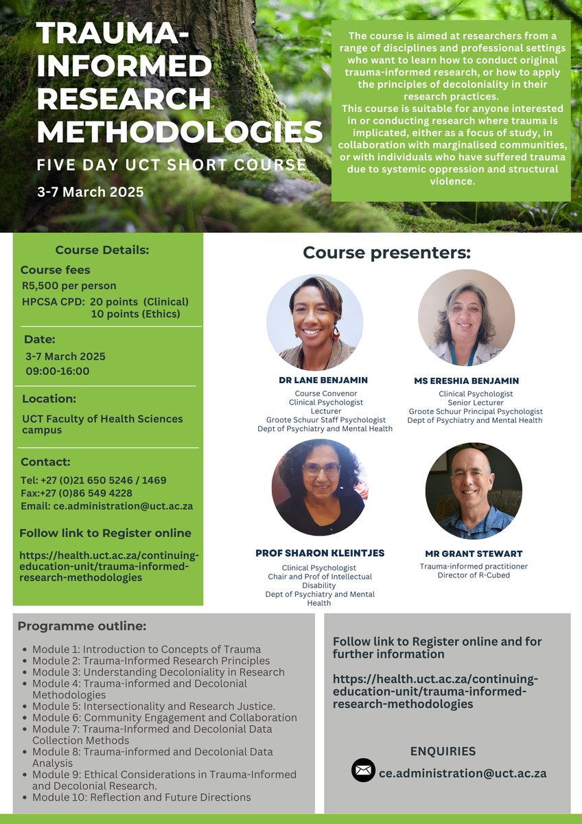 📢 Register Today! 📢

The UCT Faculty of Health Sciences Continuing Education Unit (CEU) presents a 5-day Trauma-Informed Research Methodologies and Decolonial approach Short Course (3-7 March 2025)!

health.uct.ac.za/continuing-edu…