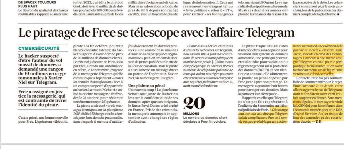 Quand Free et Telegram se télescopent ;-)

À la suite de la cyberattaque subie par Free, Telegram va-t-il t il transmettre les coordonnées d’identification du hacker qui a réclamé à <a href="/Xavier75/">Xavier Niel</a> une rançon ? ;-)
La pression de Free sur Telegram va t-elle l’emporter ?⤵️ <a href="/LesEchos/">Les Echos</a>