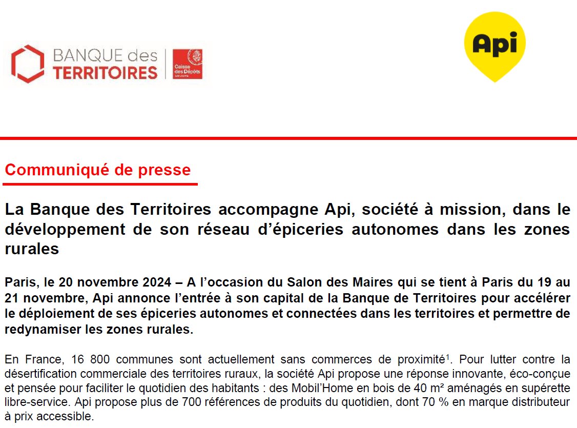 Caisse des Dépôts - Presse (@cdc_presse) on Twitter photo 🗞️ La <a href="/BanqueDesTerr/">Banque des Territoires</a> accompagne Api dans le développement de son réseau d'épiceries autonomes dans les zones rurales
Lire le communiqué 👉urlr.me/pDFKmP
#ruralités #transitionalimentaire #épiceries 🗞️ La <a href="/BanqueDesTerr/">Banque des Territoires</a> accompagne Api dans le développement de son réseau d'épiceries autonomes dans les zones rurales
Lire le communiqué 👉urlr.me/pDFKmP
#ruralités #transitionalimentaire #épiceries