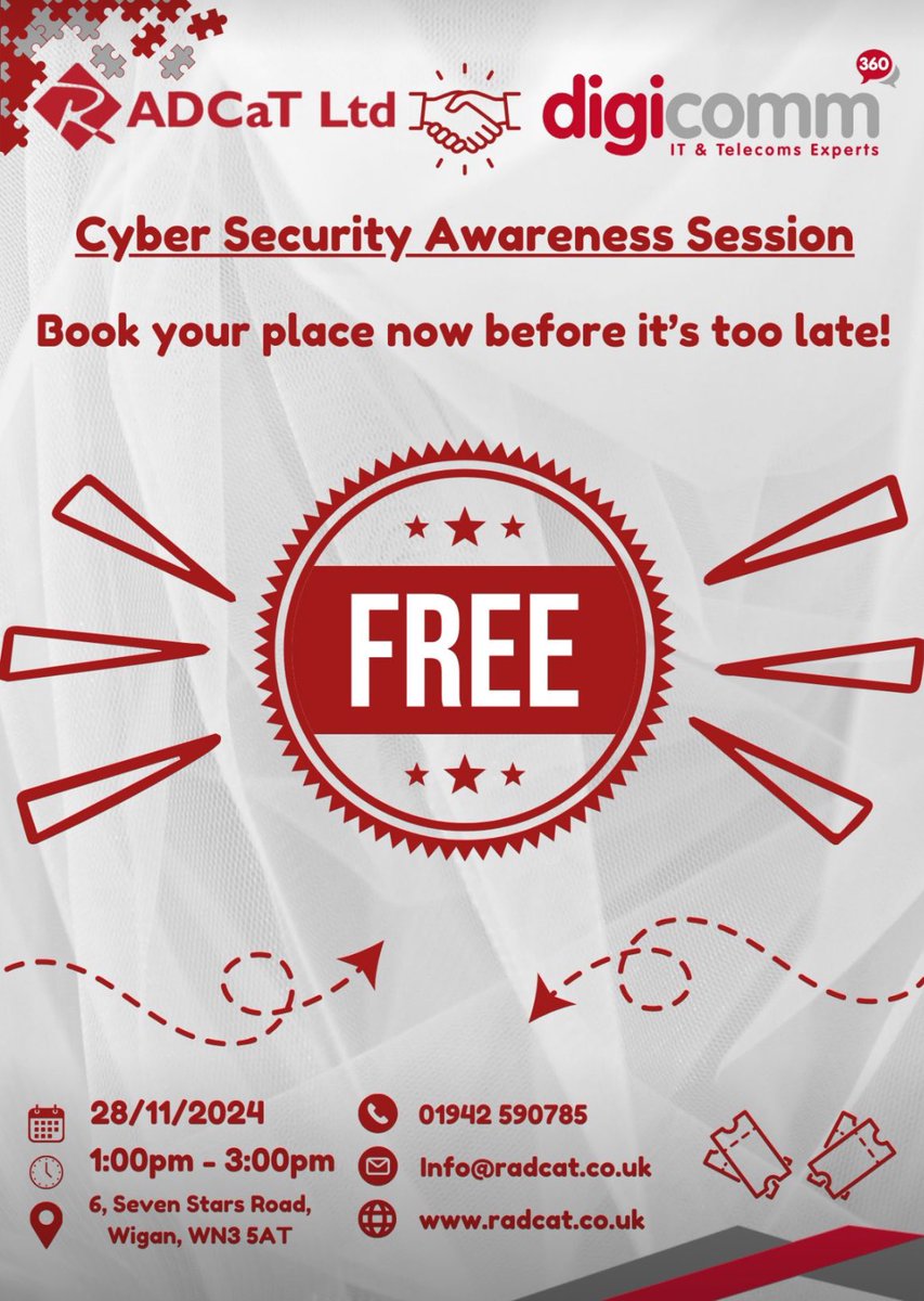 🖥️ The Cyber Security Awareness Session is now FREE! 🖥️ 

🤝 In conjunction with Digicomm 360 Ltd - 01204 201 201, we will be providing an innovative seminar on protecting your organisation from cyber threats.

🔗 lnkd.in/giwvG_hD