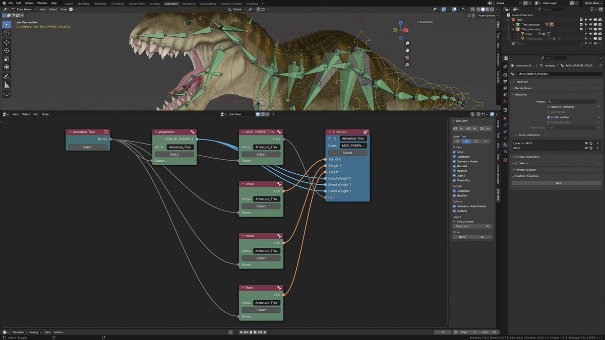 brave_rabbit's tweet image. The good thing about writing add-ons is that you'll learn the software even better and explore new territory. Yesterday it was the Bone Armature constraint in #Blender, which I didn't know before. Now it works nicely in #LinkView.
#3d #b3d #rigtip #nodes #rigging #animation