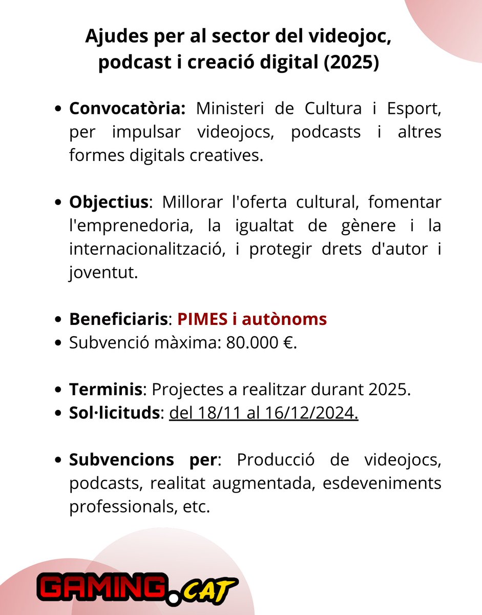 Gaming_catala's tweet photo. 💻 SAGA, (29NOV-1DES): Els socis de https://t.co/8x6WleVhy8 podeu optar a un descompte de la compra de les entrades.   
💰SUBVENCIÓ PER AL SECTOR DEL VIDEOJOC, PÒDCAST I CREACIÓ DIGITAL (2025). Important! Els beneficiaris són PIMES i autònoms. https://t.co/v4IjtVKryq