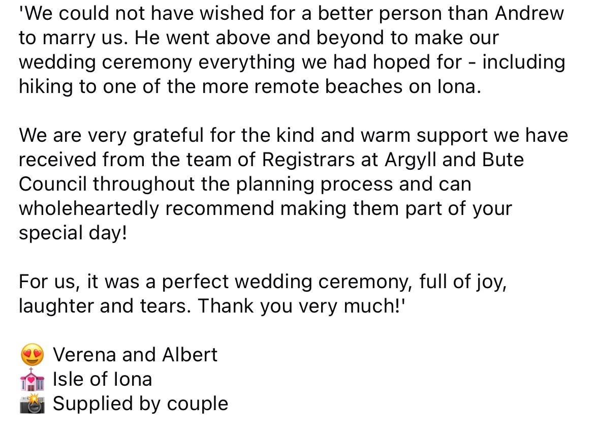 abregistrars's tweet image. Testimomial for Registrar Andrew 

#abregistrars #abplace2wed #mullwedding #isleofmull #elope #argyllweddings