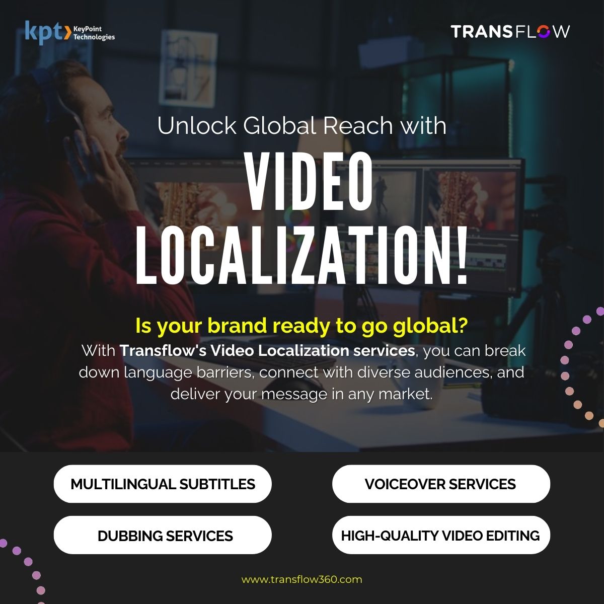 transflow360's tweet image. We are dedicated to delivering high-quality video localization services that help you connect with global audiences effectively.
Request a demo: transflow360.com/contact-us/
Contact us: +919908328830
E-mail: Info@transflow360.com
#VideoLocalization #VideoDubbing #Localization