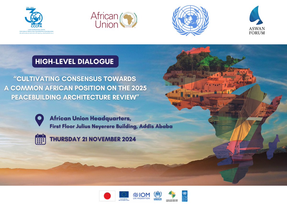 #CCCPA in partnership w/ <a href="/AUC_PAPS/">African Union Political Affairs Peace and Security</a> &amp; <a href="/UNPeacebuilding/">United Nations Peacebuilding</a> is holding a High-Level Dialogue on Cultivating Consensus Towards a Common African Position on #2025PBAR during the 4th #AUPCRDWeek

🗓️ 21 November 🕒 15:00 📍AU_HQ

RSVP: pm-pb@cairopeacekeeping.org