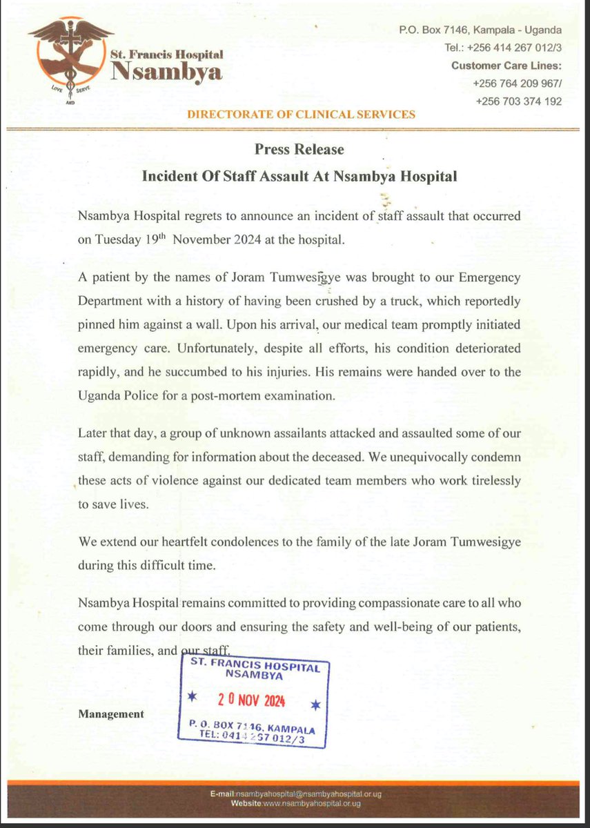 St. Francis Hospital Nsambya (@nsambyahospital) on Twitter photo #NsambyaHospital strongly condemns the recent assault on our staff.
We prioritize the safety and dignity of all our employees and patients.
Immediate steps are being taken by authorities to address this incident and prevent such future occurrences.
Cc <a href="/PoliceUg/">Uganda Police Force</a> <a href="/MODVA_UPDF/">Uganda Peoples' Defence Forces</a> #NsambyaHospital strongly condemns the recent assault on our staff.
We prioritize the safety and dignity of all our employees and patients.
Immediate steps are being taken by authorities to address this incident and prevent such future occurrences.
Cc <a href="/PoliceUg/">Uganda Police Force</a> <a href="/MODVA_UPDF/">Uganda Peoples' Defence Forces</a>