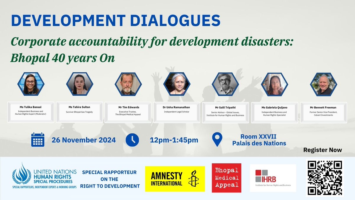Amnesty Business & Human Rights (@amnestybhr) on Twitter photo If you're attending the UN Forum on BHR in Geneva next week please make time for this panel discussing the legacy of the Bhopal disaster, 40 years ago If you're attending the UN Forum on BHR in Geneva next week please make time for this panel discussing the legacy of the Bhopal disaster, 40 years ago