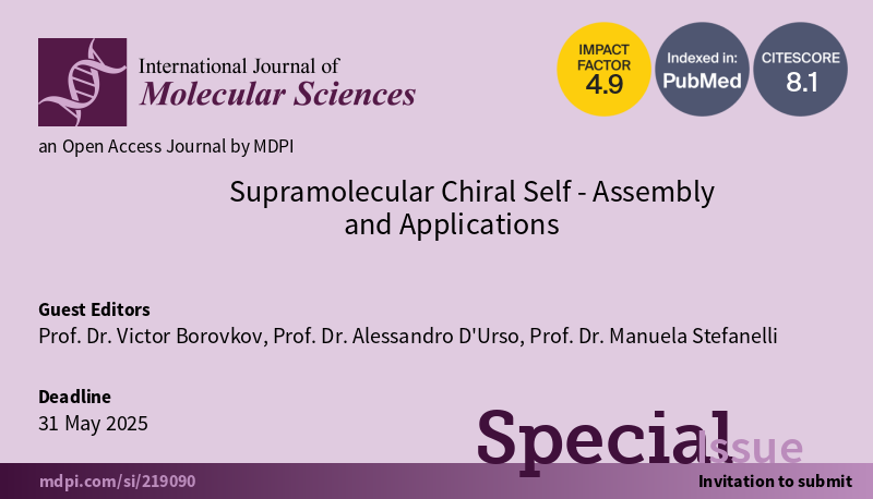 ManuelaStefane1's tweet photo. https://t.co/oVwWIYHLoa. Special Issue aims to highlight and overview all aspects of supramolecular chiral self-assembly and its applications in different natural/physical sciences and modern technologies. Submit your works! @IJMS_MDPI https://t.co/o2uIyGxrAh