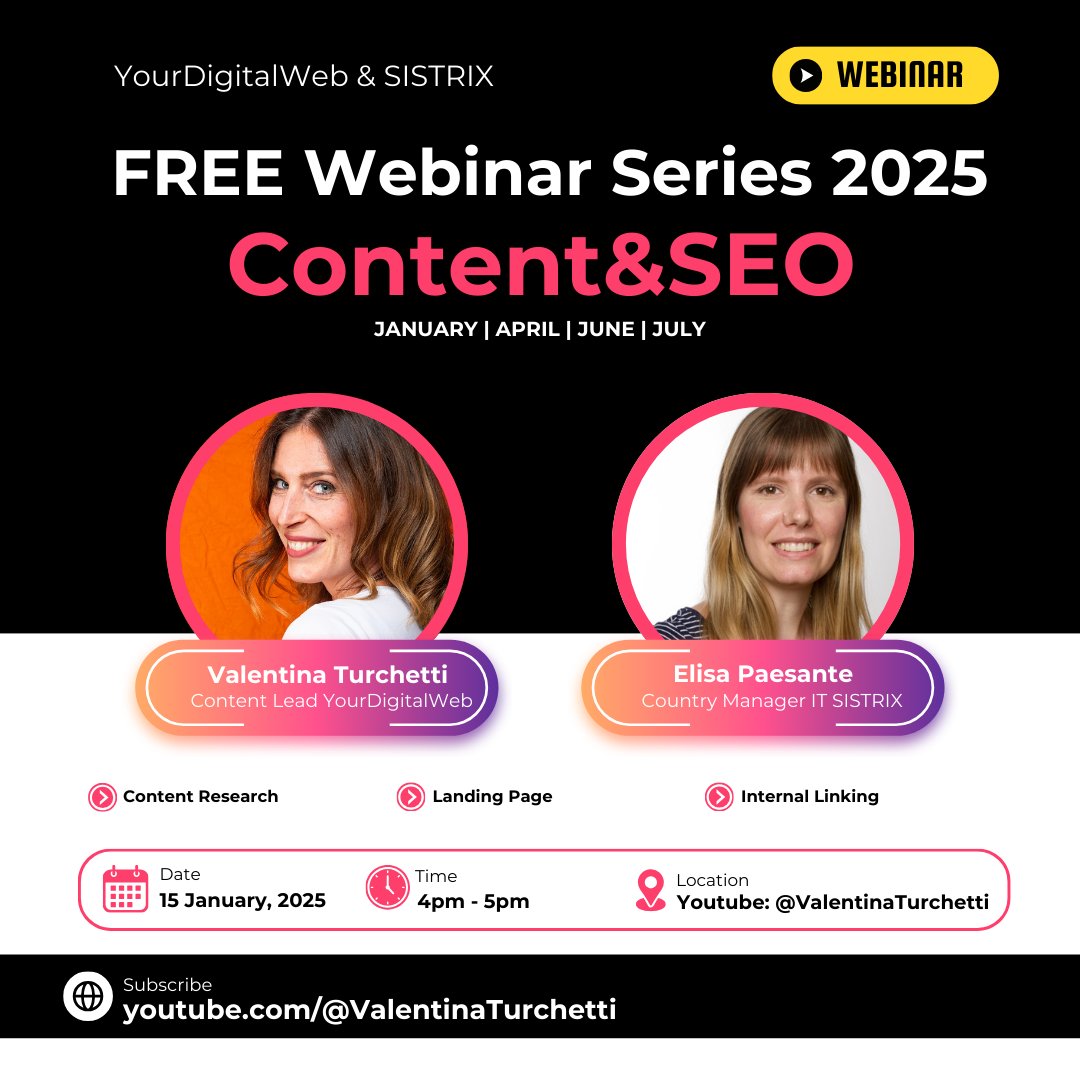 💥Il 2025 parte con il botto💥
Elisa Paesante, Country Manager Italia di <a href="/sistrix/">SISTRIX</a> , ed io inauguriamo una serie di WEBINAR su #SEO #CONTENT #LeadGeneration .
1️⃣ Il primo webinar sarà il 15 gennaio alle 16: CONTENT RESEARCH
Iscriviti a YT: youtube.com/@ValentinaTurc…