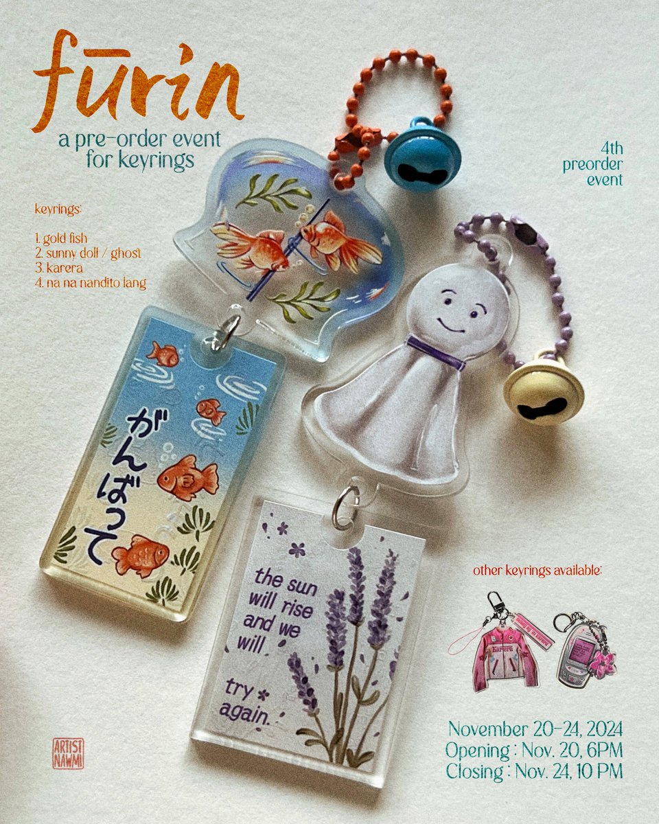 hello! bringing you charms and chimes ୭ ˚. ᵎᵎ

finally opening "Fūrin", a pre-order event for keyrings.🎐🌬️

please read my important notes and details before answering the form 📖

🔗: forms.gle/zCuhT4ZdMZFhMk…

preorder until November 24, 10pm! 🪷
for PH ; payo
