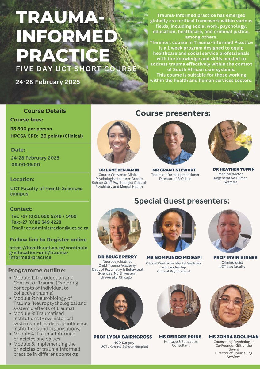 📢 Register Today! 

The UCT Faculty of Health Sciences Continuing Education Unit (CEU) presents a 5-day Trauma-Informed Practice Short Course.

health.uct.ac.za/continuing-edu…