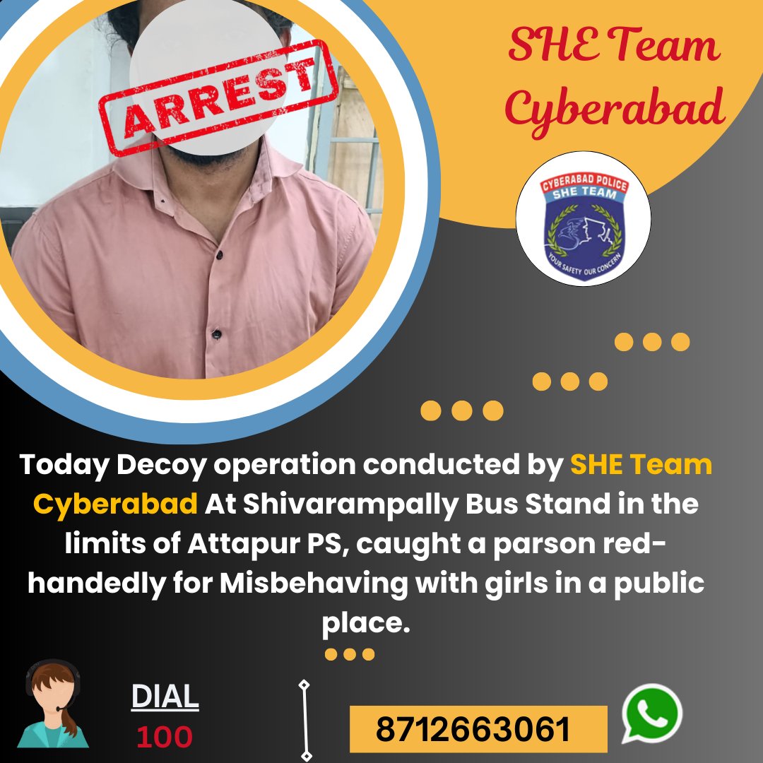 SheTeamsCyb's tweet image. Today Decoy operation conducted by SHE Team Cyberabad At Shivarampally Bus Stand in the limits of Attapur PS, caught a parson red-handedly for Misbehaving with girls in a public place.

#CyberabadSheteam #Dial100 #Womensafety