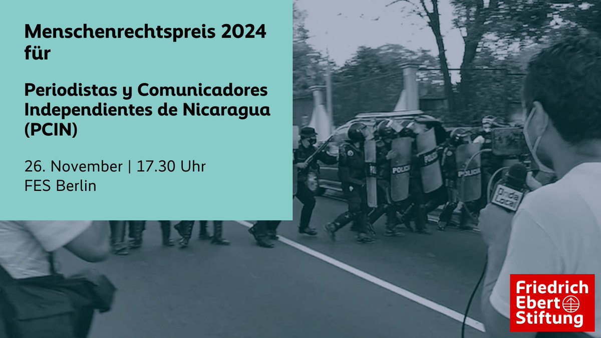 FESonline's tweet photo. Wie geht es angesichts der #Diktatur in #Nicaragua weiter? Darüber diskutieren die Träger_innen unseres Menschenrechtspreises 2024, @PeriodistasNica @LuciaPinedaU , mit @Irenekhan @FrankSchwabe & Bernd Rother. #PCIN
🗓️ 26.11. | ⏰17.30 h | FES Berlin
👉https://t.co/dDgGoFcRuK https://t.co/AAZYoUt63W