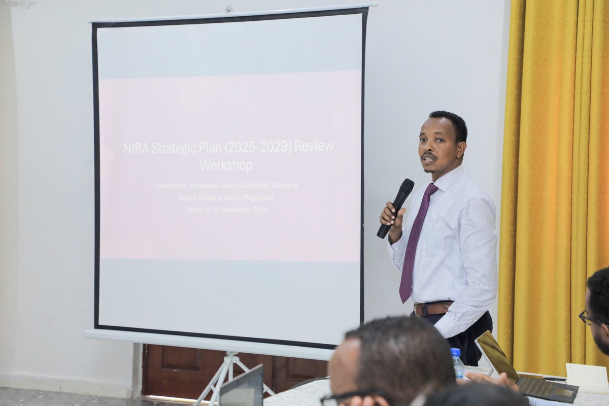 NIRA Somalia (@nirasomalia) on Twitter photo NIRA has launched a two-day workshop to review and validate its 2025-2029 Strategic Plan, aligned with Somalia's National Transformation Plan (NTP). DG <a href="/AbdiwaliAbdulle/">Abdiweli Timacade</a> urged participants to contribute insights to ensure the plan serves as a clear roadmap for NIRA's operations. NIRA has launched a two-day workshop to review and validate its 2025-2029 Strategic Plan, aligned with Somalia's National Transformation Plan (NTP). DG <a href="/AbdiwaliAbdulle/">Abdiweli Timacade</a> urged participants to contribute insights to ensure the plan serves as a clear roadmap for NIRA's operations.