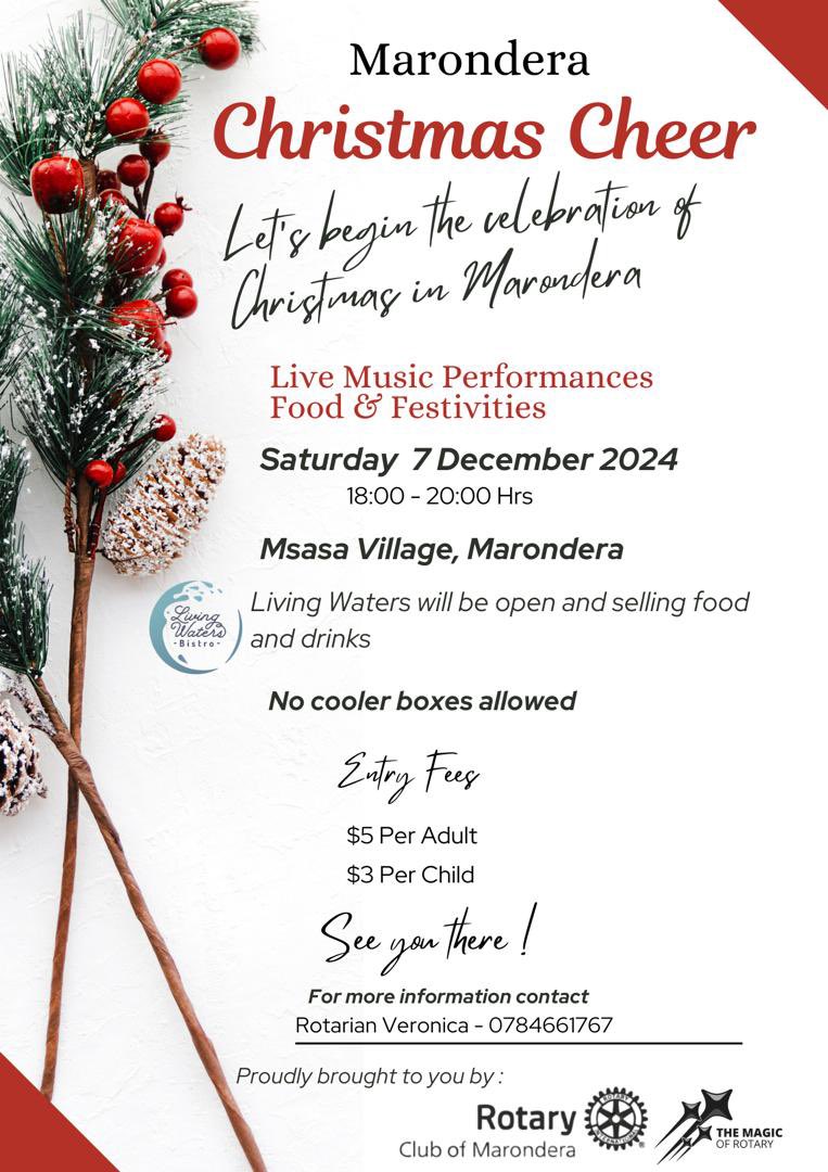 Joy to the world 🎼🎶🎵. The Festive season is upon us . Join the Rotary Club of Marondera on Saturday 7 December for some fun , live music and festivities … Tell a friend to tell a friend. See you there !