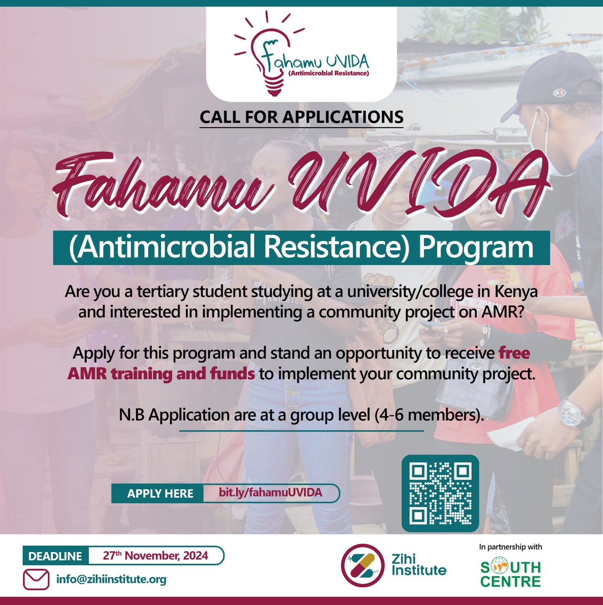 Gathai__Mundia's tweet photo. In the spirit of World Antimicrobial Resistance Awareness Week 2024 (#WAAW2024), here is an opportunity of Kenya students in tertiary institutions to contribute to AMR mitigation.
Apply here: https://t.co/BIU1uTj4M2 https://t.co/r3prQpMNiL