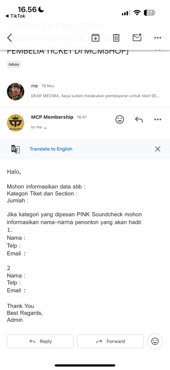 treosvt's tweet photo. butuh bantuann 🥹‼️

jadi di sini kondisinya temen aku co 2 tix pink sc lewat mcmshop, yang sampe sekarang belum dikirim e-ticketnya dan akhirnya mcm bales email aku. nah, temen aku pas co untuk 2tix itu semuanya masih pake data diri dia sendiri (gak masukin data aku)— https://t.co/X2Jxk4zMTg