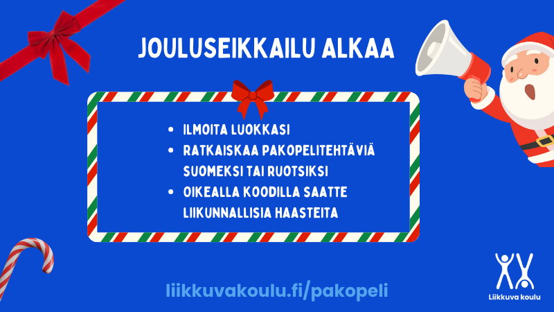 Jouluseikkailu alkaa pian - oletko valmis? Liikkuvan koulun jouluseikkailussa on ratkottavana kuusi pakopelitehtävää, jotka ratkottuaan oppilaat pääsevät tekemään tasapainoa, liikkuvuutta tai muita liikkumistaitoja kehittäviä haasteita. #liikkuvakoulu
liikkuvakoulu.fi/pakopeli/