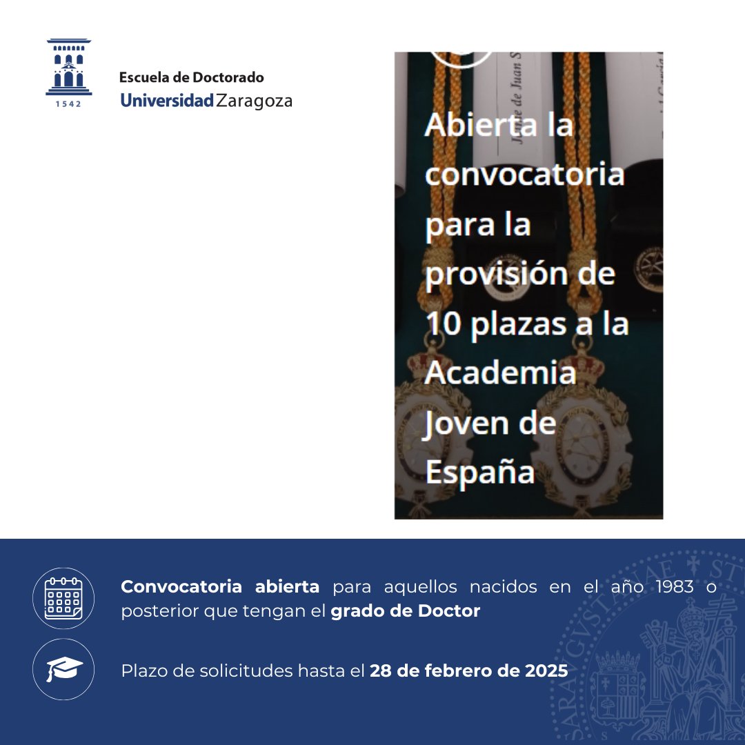 📢Convocatoria de 10 plazas en la Academia Joven de España📢
📆Solicitudes hasta el 28 de febrero de 2025
Más información en escueladoctorado.unizar.es/es/noticia/con…