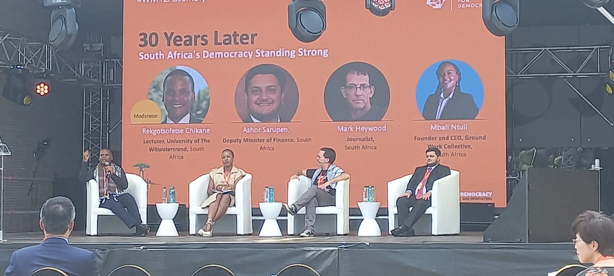 KathradaFound's tweet photo. 2nd session kicks off! 30 Years Later: South Africa's Democracy Standing Strong @WeAreSatisfied, @mbalimcdust, @ashorsarupen, & Mark Heywood reflect on how South Africa has defended its democracy, ways to advance it further, and the lessons to the world. #GlobalAssembly https://t.co/hY2NUtpxc7