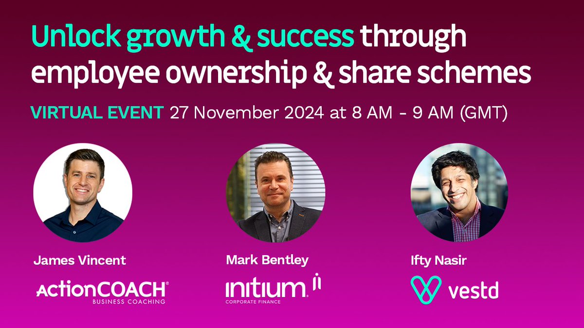 Vestd (@vestdhq) on Twitter photo From EOTs to share schemes, there's more than one way to give teams skin in the game...
Your expert panellists will walk you through it:
⭐ Mark Bentley, Client Development Director at Initium.
⭐ James Vincent, Performance Director & Coach at <a href="/ActionCOACHUK/">ActionCOACH UK</a>
⭐ Ifty Nasir, From EOTs to share schemes, there's more than one way to give teams skin in the game...
Your expert panellists will walk you through it:
⭐ Mark Bentley, Client Development Director at Initium.
⭐ James Vincent, Performance Director & Coach at <a href="/ActionCOACHUK/">ActionCOACH UK</a>
⭐ Ifty Nasir,