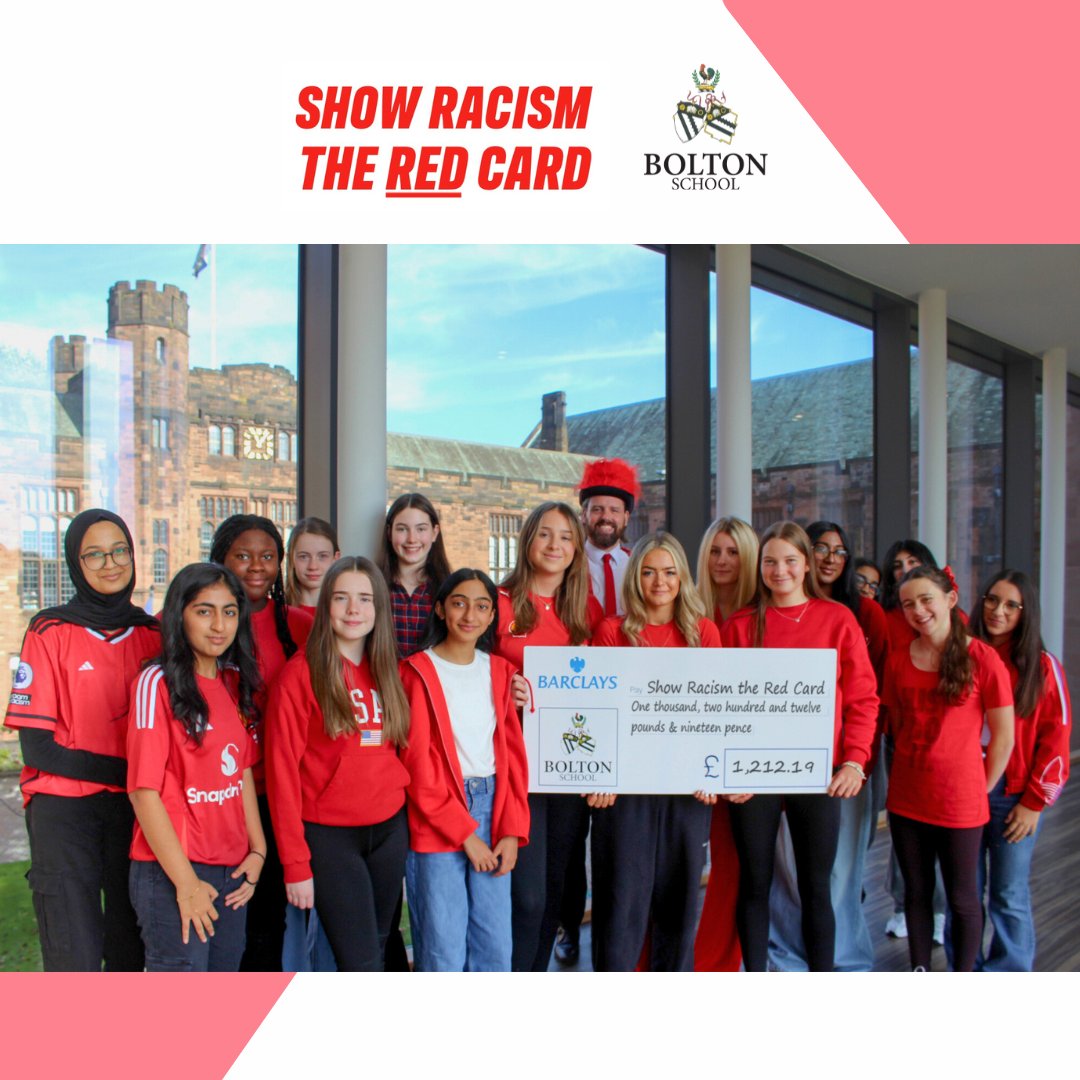 BoltonSch's tweet photo. Last month #BoltonSch pupils wore red to show solidarity &amp; support the charity @RedCardtoRacism

The event saw the school come together as a community to stand up for a more inclusive world, with pupils &amp; staff raising an amazing £1212.19. 

#RedCardtoRacism #BoltonGiving https://t.co/6T0Sp8BKS9