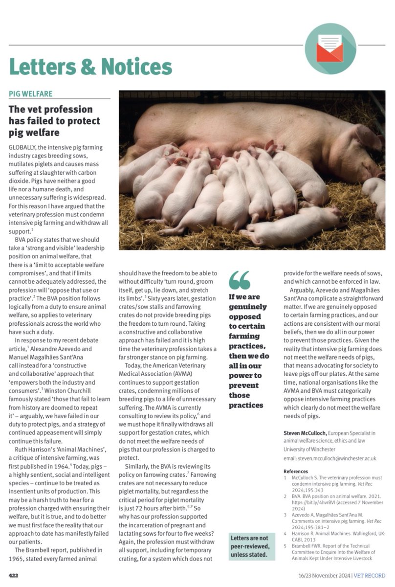 Steven McCulloch (@stevemccvet) on Twitter photo 'The Vet Profession Has Failed to Protect Pig Welfare' - me <a href="/Vet_Record/">Vet Record</a>
"National vet organisations must categorically oppose practices that clearly do not meet welfare needs pigs"
<a href="/AVMAvets/">AVMA (American Veterinary Medical Association)</a> support gestation crates
<a href="/BritishVets/">BritishVets</a> support farrowing crates
lnkd.in/ebFpxaEN 'The Vet Profession Has Failed to Protect Pig Welfare' - me <a href="/Vet_Record/">Vet Record</a>
"National vet organisations must categorically oppose practices that clearly do not meet welfare needs pigs"
<a href="/AVMAvets/">AVMA (American Veterinary Medical Association)</a> support gestation crates
<a href="/BritishVets/">BritishVets</a> support farrowing crates
lnkd.in/ebFpxaEN