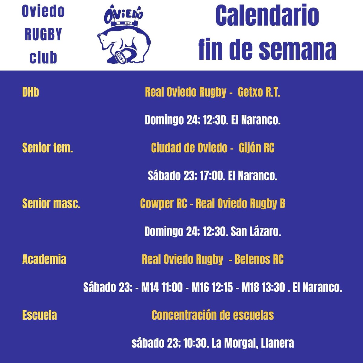 Calendario de las actividades de los diferentes equipos del Real Oviedo Rugby durante este fin de semana.
<a href="/rugbyasturias/">𝚁𝚞𝚐𝚋𝚢𝙰𝚜𝚝𝚞𝚛𝚒𝚊𝚜</a> #rugbyasturiano <a href="/GetxoRugby/">Getxo Rugby</a> <a href="/Gijonrugbyclub/">Gijón Rugby U.Oviedo</a> <a href="/CowperRC/">Cowper UniOvi RC</a> <a href="/BelenosClub/">Belenos Rugby Club</a> <a href="/dxtasturiano/">adnasturies</a> <a href="/aytoviedo/">@aytoviedo</a>