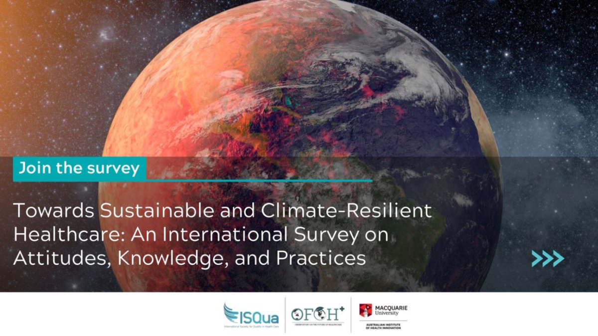 ISQua (@isqua) on Twitter photo How ready is healthcare to tackle climate change? 🌍
Take this quick (10–15 min) anonymous survey by <a href="/Macquarie_Uni/">Macquarie University</a> to share your insights on sustainable, climate-resilient healthcare.
Your input matters! 💡
👉 bit.ly/3OhxFE4 How ready is healthcare to tackle climate change? 🌍
Take this quick (10–15 min) anonymous survey by <a href="/Macquarie_Uni/">Macquarie University</a> to share your insights on sustainable, climate-resilient healthcare.
Your input matters! 💡
👉 bit.ly/3OhxFE4