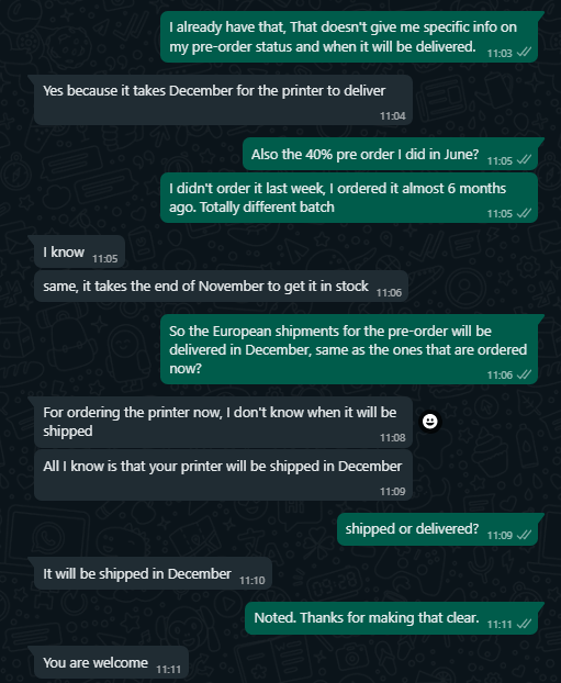 Ralfprints's tweet photo. Why can't this be set into an email by Creality?  The European shipment dates are set to December. If this was communicated via email(not in a bad quality stream or some hidden discord channel). me and the people around me would be more understanding.  I expected1/2
@Creality3dP https://t.co/7QIfz2sF6K