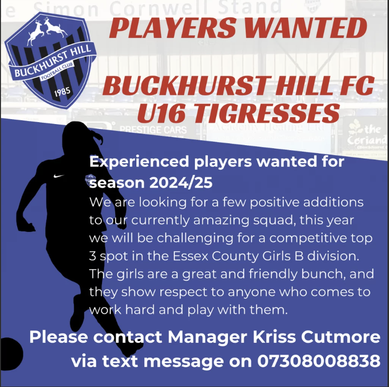 PLAYERS WANTED ⚫🔵
Under 16 Tigresses are looking for players in various positions to join an amazing squad! Please contact Kriss via text on 07308008838
#playerswanted #bhfc #COYStags