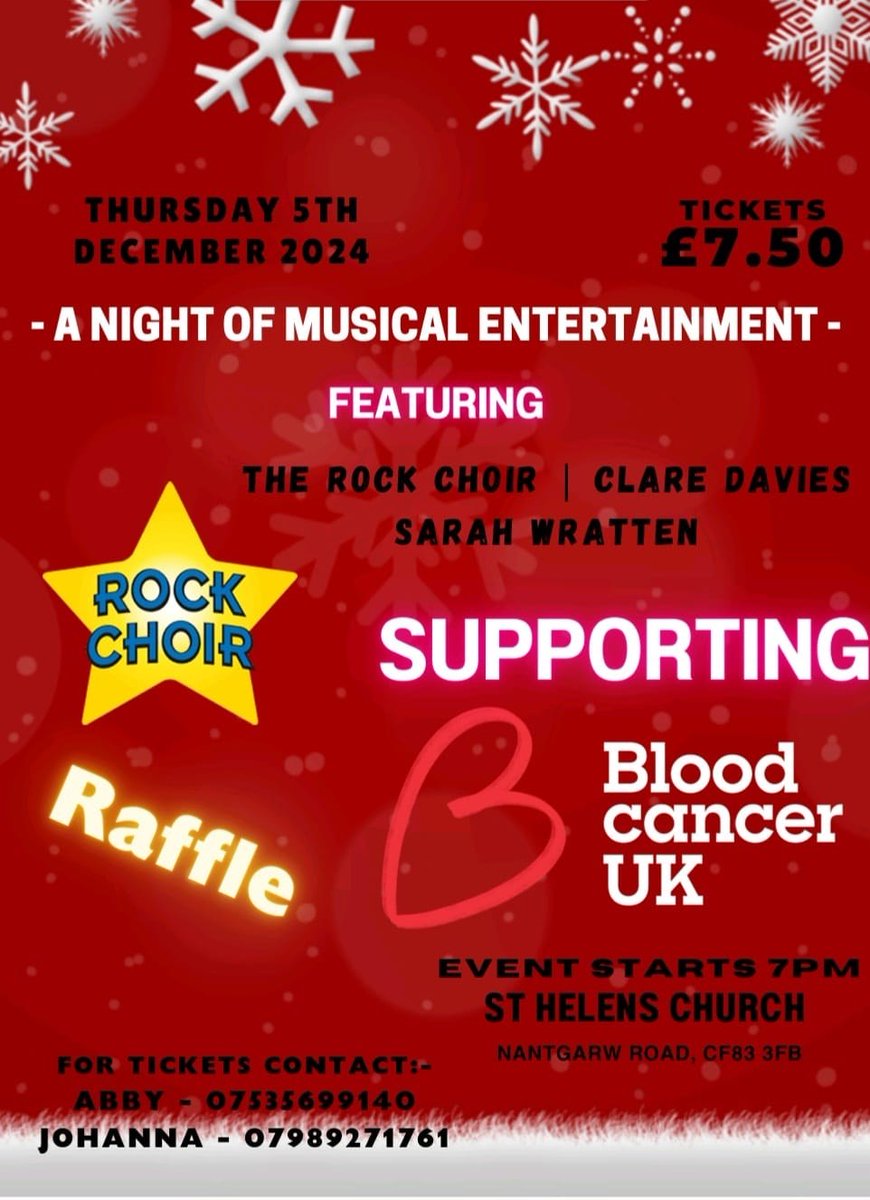 Blood Cancer UK Wales (@bloodcuk_wales) on Twitter photo We are very excited to announce that our Valleys Community Group are putting on another magical evening of entertainment for <a href="/bloodcancer_uk/">Blood Cancer UK</a> on Thursday 5th December at St. Helen's in Caerphilly. For tickets contact Abby-07535699140 or Johanna- 07989271761 📷❤️ We are very excited to announce that our Valleys Community Group are putting on another magical evening of entertainment for <a href="/bloodcancer_uk/">Blood Cancer UK</a> on Thursday 5th December at St. Helen's in Caerphilly. For tickets contact Abby-07535699140 or Johanna- 07989271761 📷❤️