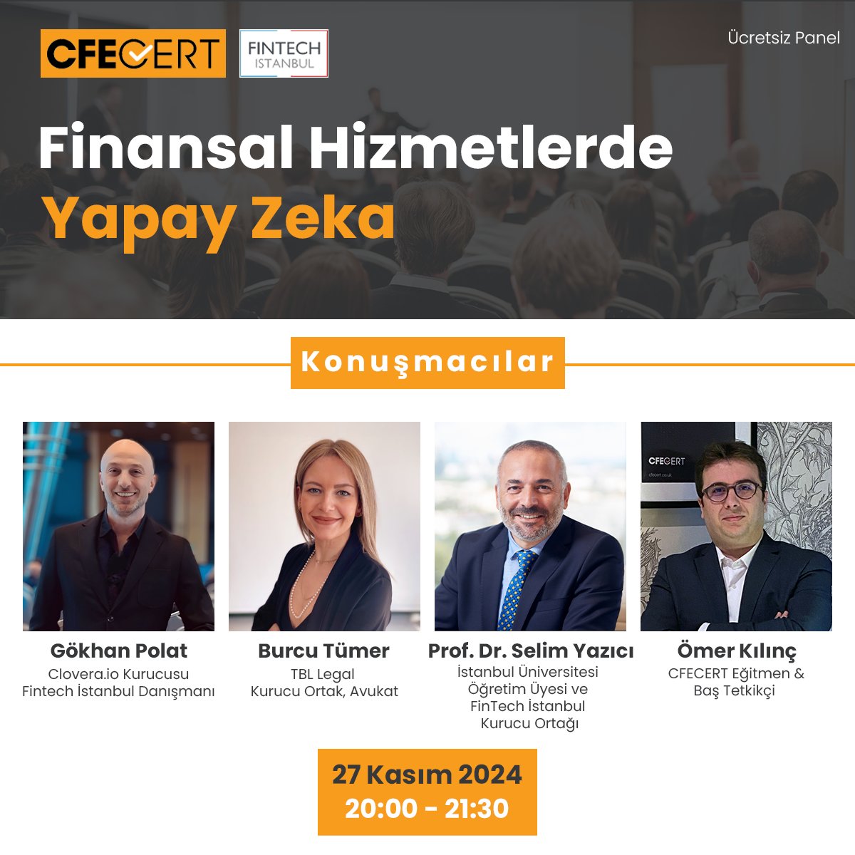 FinTechIstanbul's tweet image. Online Panel Daveti: Finansal Hizmetlerde Yapay Zeka
@SelimYazici @burcutumer_ @polat2go @CfeCert #YZ #panel 
Online panel, 27 Kasım Çarşamba günü, 20:00 – 21:30 saatleri arasında gerçekleşecek. 
Detaylar için:
fintechistanbul.org/2024/11/20/onl…