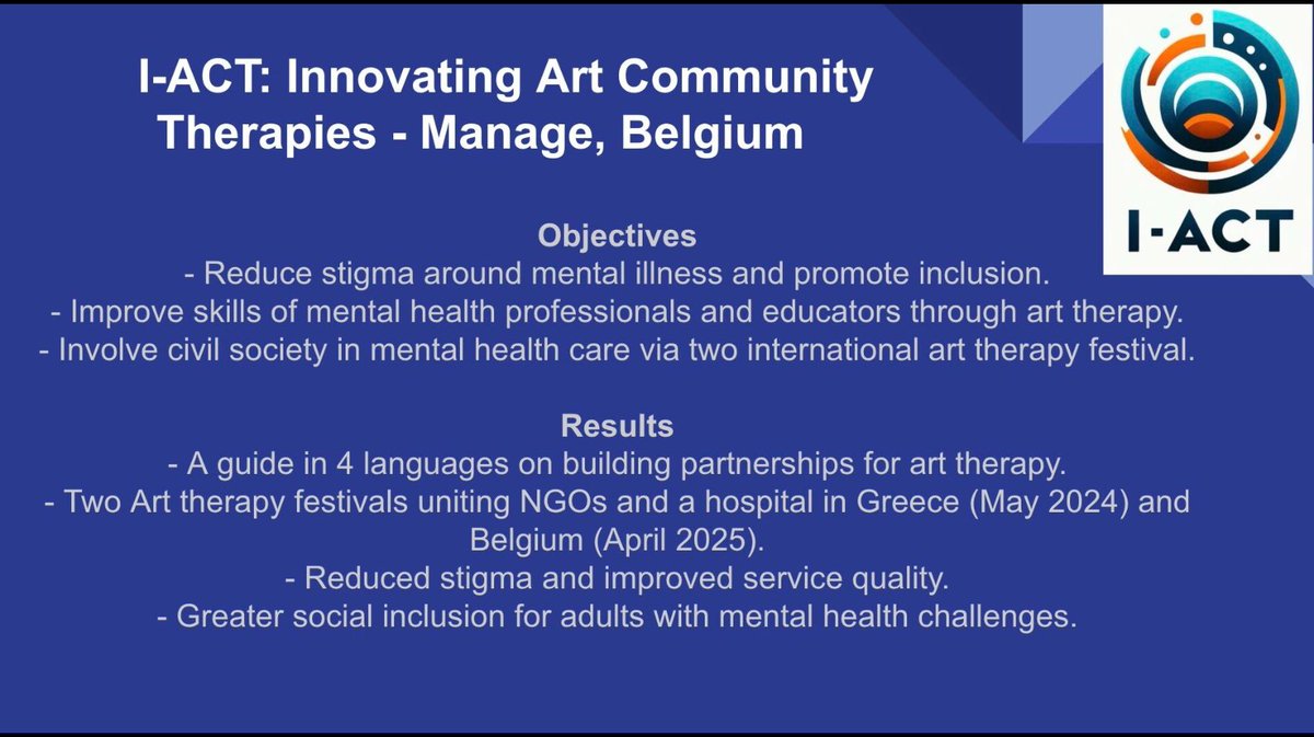 Can art therapy transform mental health support and reduce stigma? Through I-ACT: Innovating Art Community Therapies, we aim to:  
Engage communities by hosting two international art therapy festivals, one in Greece (May 2024) and one in Belgium (April 2025).