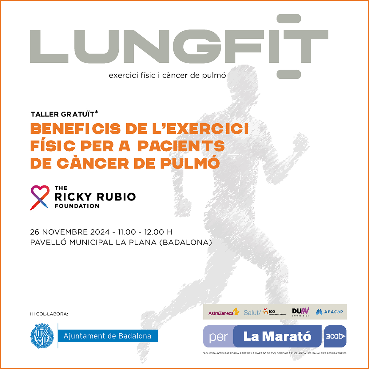 Aquest dimarts 26 de novembre, al Pavelló Municipal de la Plana, tindrà lloc un taller gratuït organitzat per la Fundació Ricky Rubio. 🏃‍♂️‍➡️✍️

Es parlarà dels beneficis de l'exercici físic per a pacients de càncer de pulmó. 🫁

#esportsbdn
#badalona