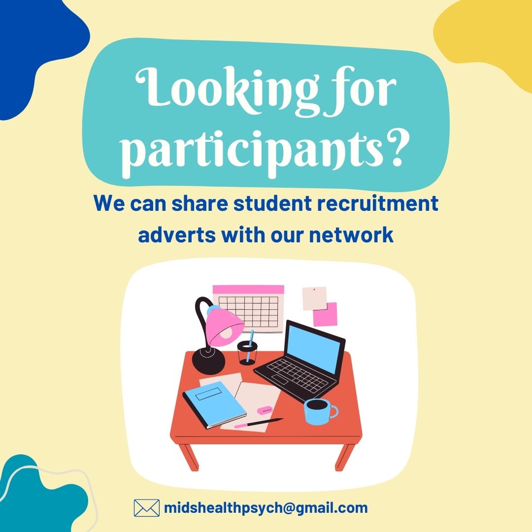 Midlands Health Psychology Network (MHPN) (@midshealthpsych) on Twitter photo Do you have a study you need recruitment help with? We can help!! 👍
All you need to do is send the following to midshealthpsych@gmail.com
🗒️ Short description of the research
🖼️ Recruitment poster
🔬 Study protocol
✅ Proof of ethical approval
#participants #healthpsychology Do you have a study you need recruitment help with? We can help!! 👍
All you need to do is send the following to midshealthpsych@gmail.com
🗒️ Short description of the research
🖼️ Recruitment poster
🔬 Study protocol
✅ Proof of ethical approval
#participants #healthpsychology