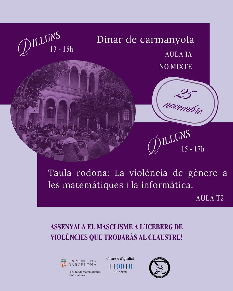 #Agenda | Activitats amb motiu del 25N, organitzades per la Comissió d’Igualtat de la Facultat i l’Assemblea Mates Info UB

📆 25 de novembre
⏰ 13 - 17h
📍Aules IA i T2

➡️Més informació: mat.ub.edu/noticies/activ…