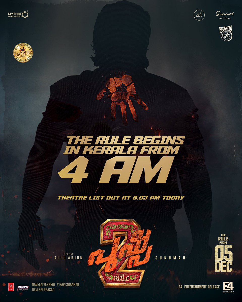 TradeBOC's tweet photo. #Pushpa2TheRule FDFS Fever in Kerala! 🌟
First shows kick off at 4 AM, with the official theatre list dropping at 6:03 PM today. The demand is through the roof for this massive entertainer! 🔥
#AlluArjun #FahadhFaasil #RashmikaMandanna #Sukumar #DSP #PushpaFever https://t.co/IqLJgsWvFC