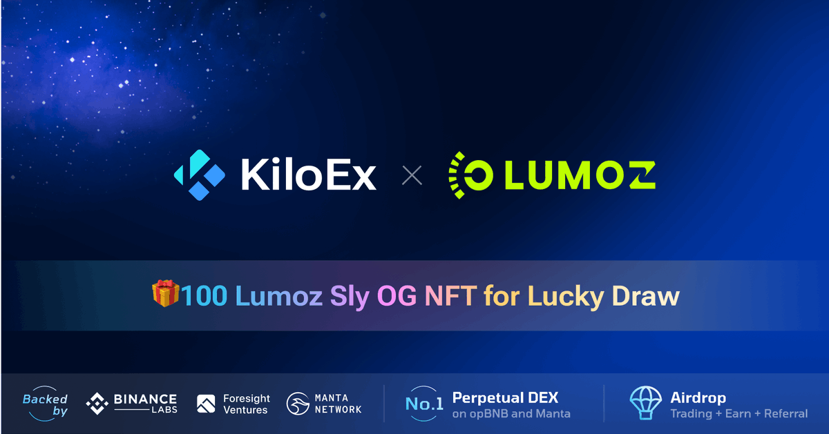 Excited to collaborate with <a href="/LumozOrg/">Lumoz</a> for an exclusive giveaway! 🎉

Win 100 Lumoz Sly OG NFTs in our Lucky Draw! 🎁

How to enter: 
✅ Like &amp; Retweet this tweet 
🔗 Join: 
app.galxe.com/quest/KiloEx/G…