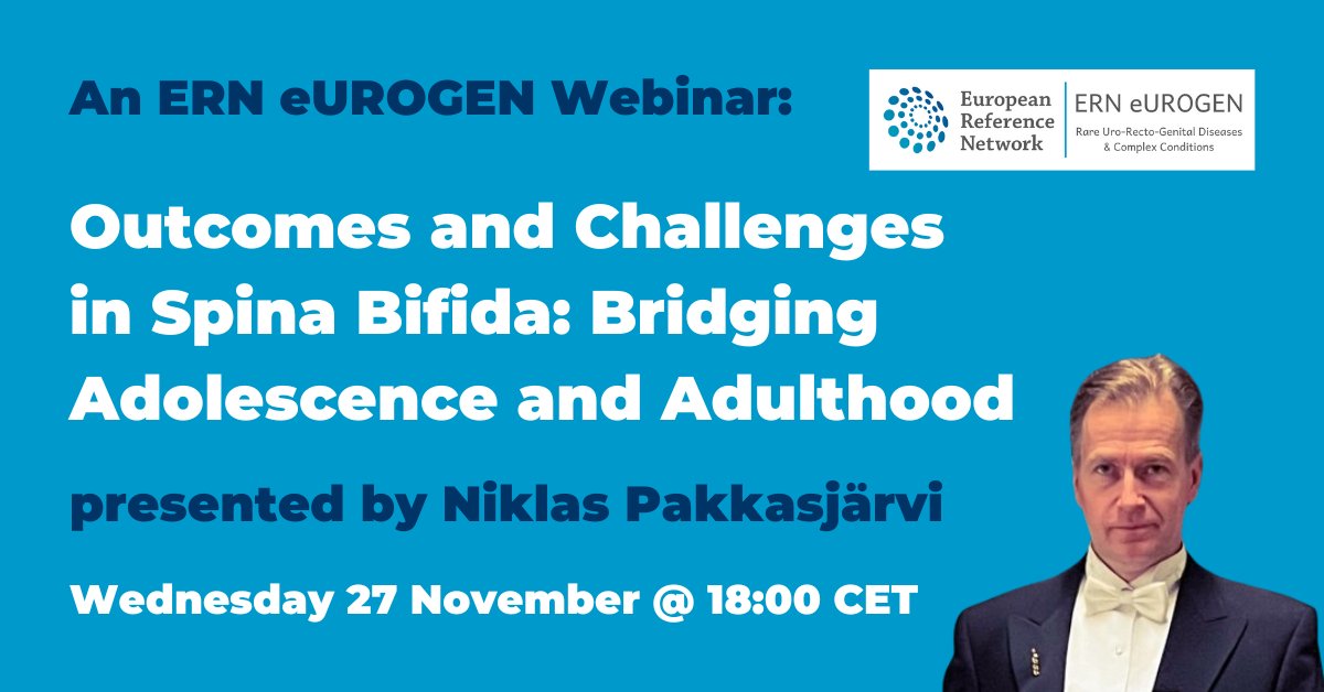 TONIGHT! Join the next <a href="/ERN_eUROGEN/">ERN eUROGEN</a> webinar:
🖥 Outcomes and Challenges in Spina Bifida: Bridging Adolescence &amp; Adulthood
👤 Niklas Pakkasjärvi
📅 Wed 27 Nov, 18:00 CET
🔗 bit.ly/ERNeUROGEN27No…
#HealthUnion #EU4Health #RareDisease #UroSoMe #Urology #PedUro #SoMe4PedSurg #FPMRS