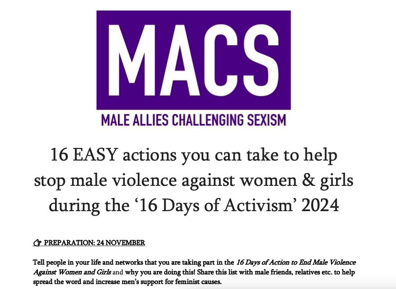 MenVSexism's tweet photo. We've just published our annual list of 16 actions all men can take for this year's #16DaysOfActivism, starting on Monday 25 November๐. Put the live, #online events on 25 & 28 November in your diary.
https://t.co/k9vuULp7Y0
#StopMVAWG #MVAWG #Activism #MenChallengingSexism https://t.co/ttsznSOBjR