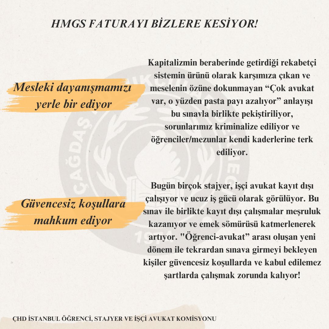 chdogrencikom2's tweet photo. SAVUNMAYA KENDİ HAKLARIMIZDAN BAŞLIYORUZ, HMGS’YE HAYIR!

Tüm hukuk fakültesi öğrencilerini, avukatları, Türkiye Barolar Birliğini, bütün baroları ve hukuk örgütlerini başlattığımız bu kampanyayı birlikte örmeye ve mücadelemizi büyütmeye davet ediyoruz. #hmgs https://t.co/4fbZ2Ep1fb