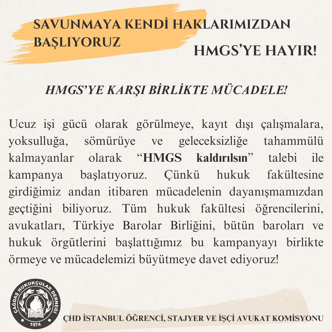 chdogrencikom2's tweet photo. SAVUNMAYA KENDİ HAKLARIMIZDAN BAŞLIYORUZ, HMGS’YE HAYIR!

Tüm hukuk fakültesi öğrencilerini, avukatları, Türkiye Barolar Birliğini, bütün baroları ve hukuk örgütlerini başlattığımız bu kampanyayı birlikte örmeye ve mücadelemizi büyütmeye davet ediyoruz. #hmgs https://t.co/4fbZ2Ep1fb