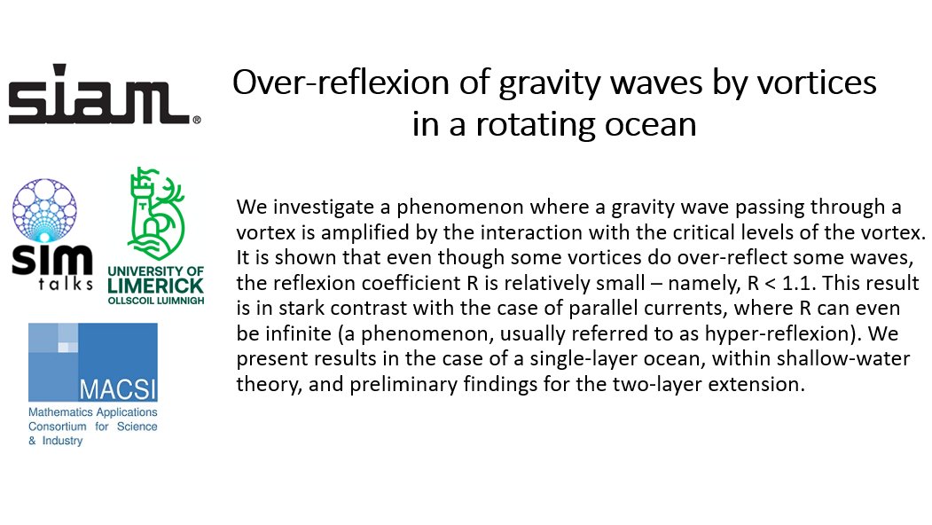 We are very excited to have Conor Nolan presenting this week's SIM talk!  

Conor will discuss "Over-reflexion of gravity waves by vortices in a rotating ocean".  

All are welcome!

<a href="/MACSIMaths/">MACSI</a>