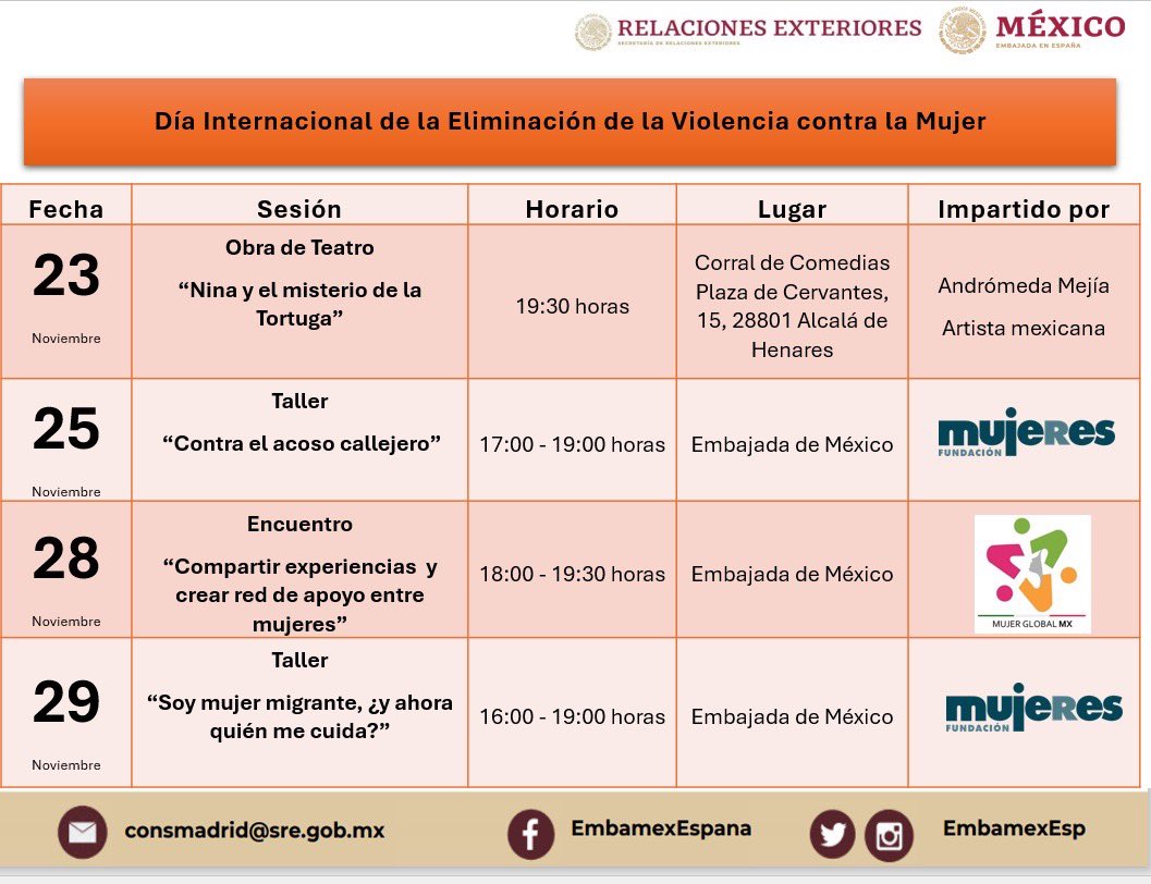 📣 ¡Te invitamos a conmemorar el Día Internacional de la Eliminación de la Violencia contra la Mujer! 📣
En el marco del #25N, la <a href="/EmbamexEsp/">Embajada de México en España</a> extiende cordial invitación para participar en una serie de actividades de reflexión, diálogo y acción:

 #SAIME2024  #ProtecciónConsular